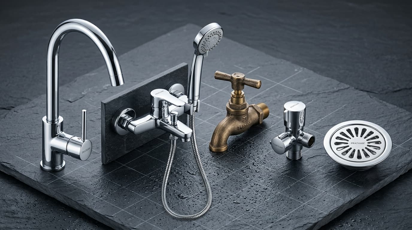 Pratham luxury bath fittings, single lever mixers, wall mixers and brass bib cocks